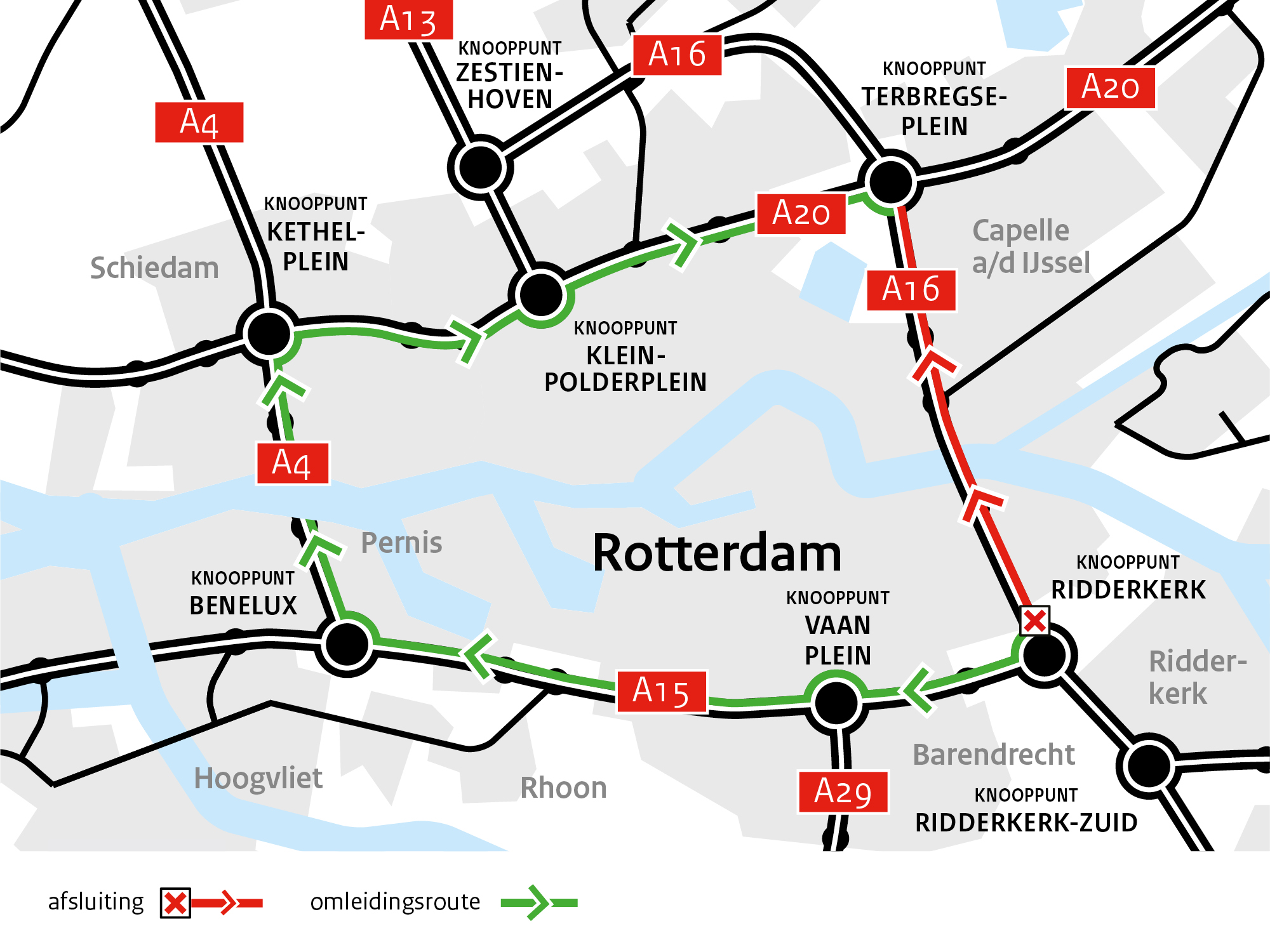 Twee weekendafsluitingen A16 in mei tussen knooppunten Ridderkerk en Terbregseplein