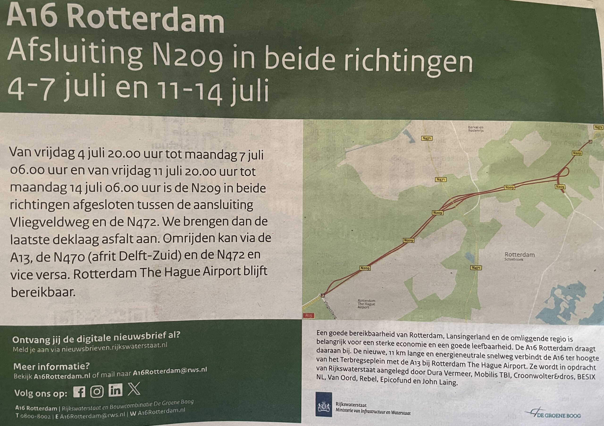 Afsluitingen i.v.m. A16 Rotterdam in juli-september 2025